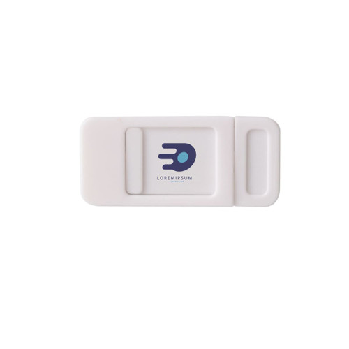 A sliding webcam cover in white with a logo, designed to protect privacy on devices.