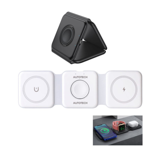 A black 3-in-1 foldable MagSafe wireless charger with a white base for charging multiple devices.