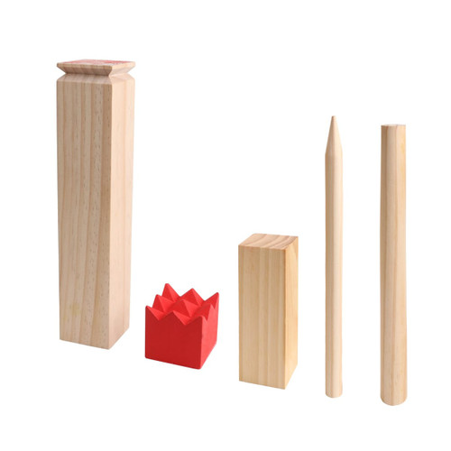 A Premium Wooden Kubb Set featuring natural wood pieces in various shapes and a red crown-shaped piece.
