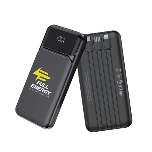A black 10000mAh eco fast charging power bank featuring a logo and multiple charging ports.