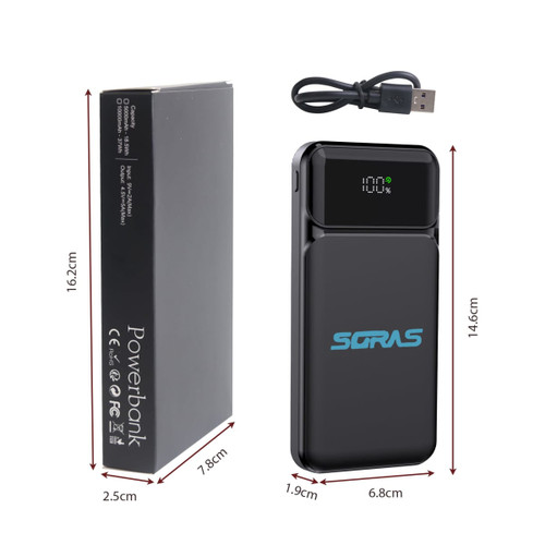 A black 10000mAh Eco Fast Charging Power Bank with a digital display and a USB charging cable. It features a logo.