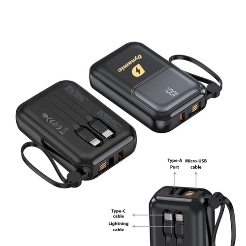 A black 10000mAh eco portable power bank with multiple charging ports and a digital display. It includes a logo.