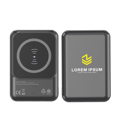 A sleek black eco magnetic power bank with wireless charging feature and a logo on the surface.
