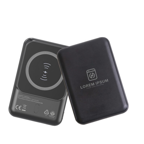 A black 5000mAh eco magnetic power bank with a circular charging indicator and a logo on the surface.