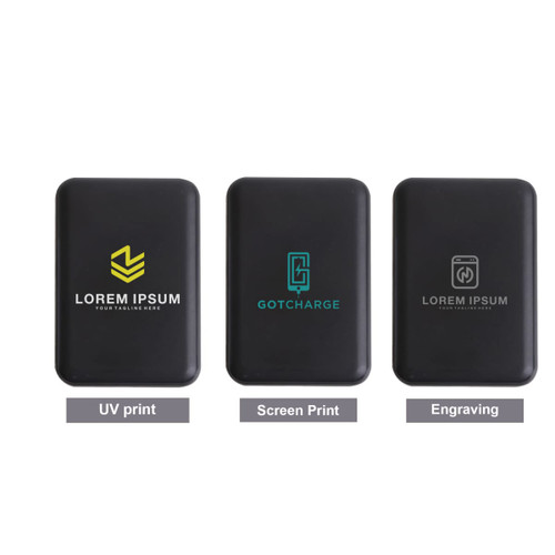 Three black power banks with various branding options, featuring UV print, screen print, and engraving designs.