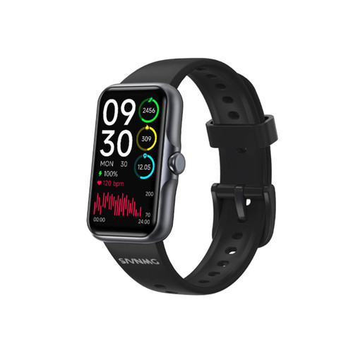 A black square smart band with a touchscreen display showing various fitness metrics. It has a branded strap.