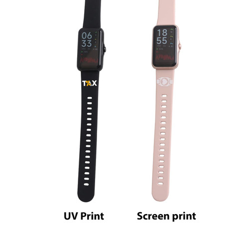 A black and a pink square smart band, each with different printing styles. The bands have digital displays and a logo.