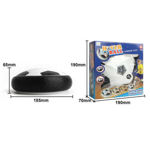 A black and white hover soccer ball with a round profile, next to its box featuring a logo and graphics.