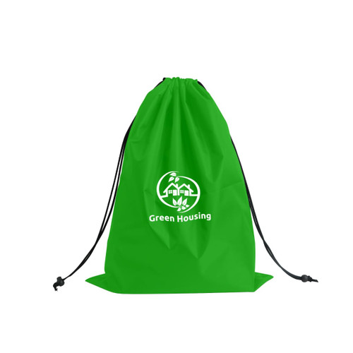 A green travel laundry bag with a drawstring closure and a logo printed on the front.