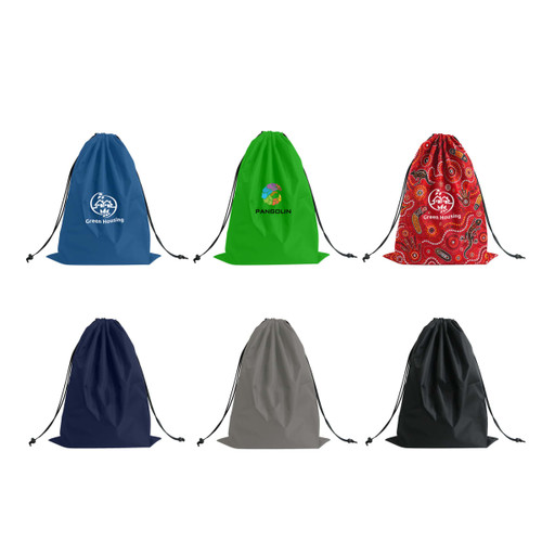 A set of six travel laundry bags in blue, green, red, navy, grey, and featuring different designs and logos.