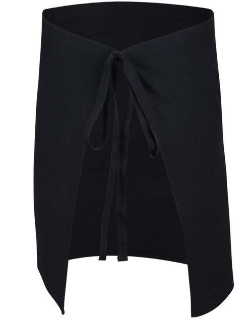 A black short waist apron featuring a tie closure and a sleek design, suitable for various work settings.