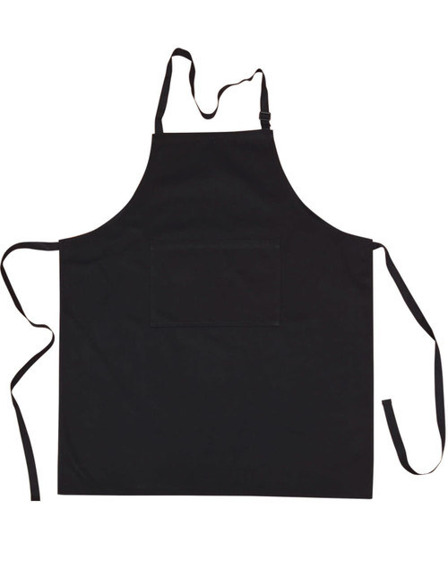 A black bib apron with a front pocket and adjustable neck straps, featuring long waist ties.