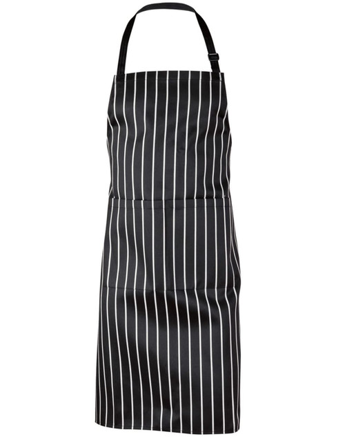 A black and white striped butcher's apron with a neck strap, featuring a logo.