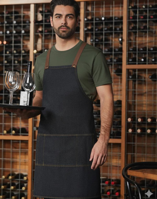 A denim bib apron in dark blue, worn by a man holding a tray with glasses and a bottle in a wine cellar setting.
