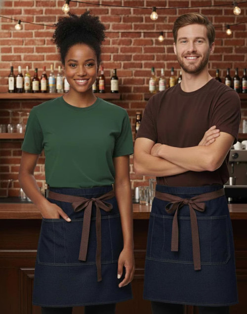 A denim half apron with a beige tie, worn by a model in a checked shirt, set against a wine rack background.
