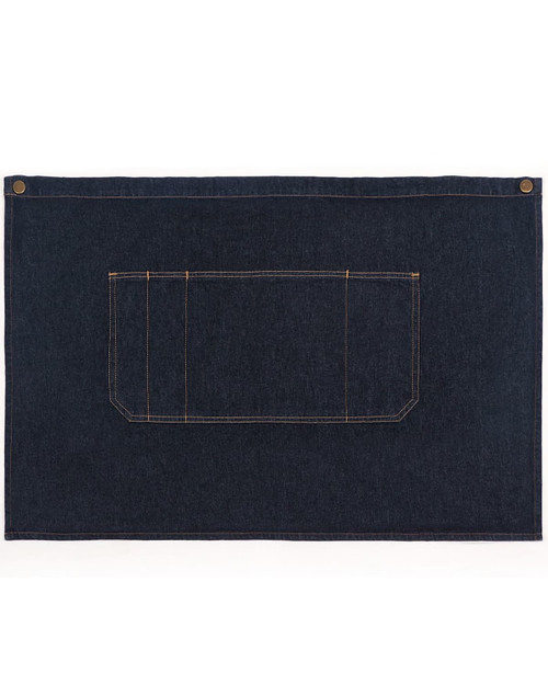 A denim half apron in dark blue, featuring a front pocket and two brass buttons.