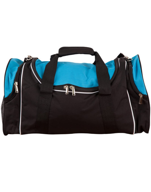 A duffle bag in black with a bright blue top, featuring zipper compartments and straps. It has a logo on it.