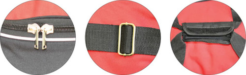 A red and black duffle bag featuring zippers, adjustable straps, and a branded logo.