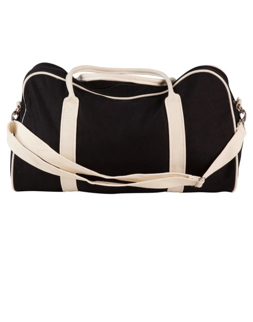 A black cotton canvas sports bag with cream handles and adjustable shoulder strap, featuring a logo.