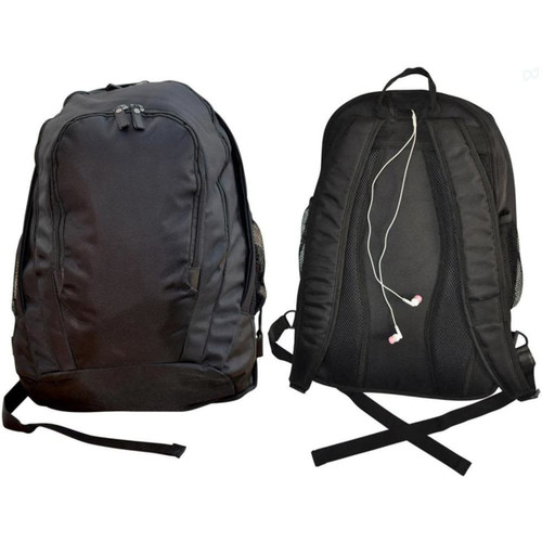 A black backpack with adjustable straps and mesh side pockets, featuring a logo on one side.