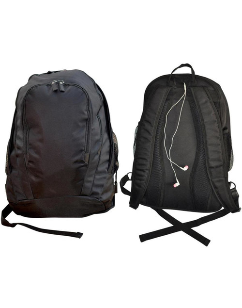 A black backpack with adjustable straps and mesh side pockets, featuring a logo on one side.