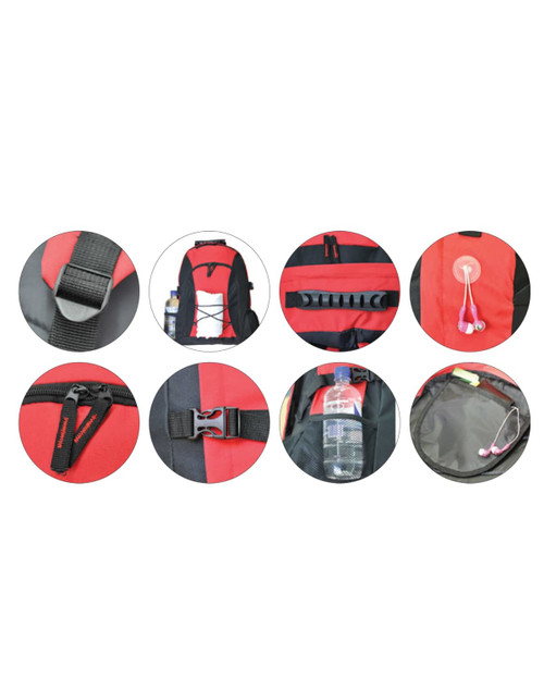 A red and black backpack featuring pockets, zippers, a water bottle, and headphone access. It has branding on the exterior.