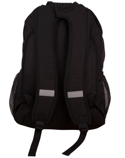 A black backpack with mesh side pockets and adjustable straps, featuring a logo on the back.