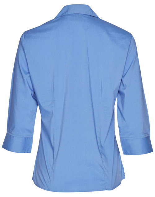 A back view of a blue women's Teflon executive 3/4 sleeve button-up shirt with a collar and rolled sleeves.