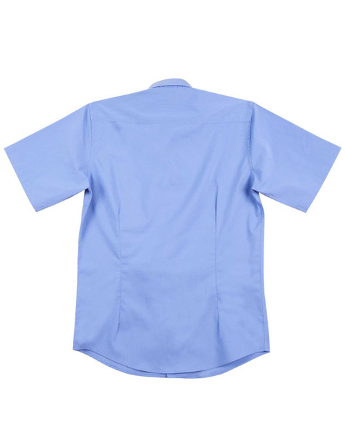 A light blue men's short sleeve button-up shirt with a back yoke and logo. Features a smooth, polished fabric.