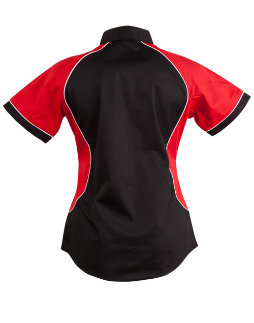A women's button-up shirt featuring a black body and red contrast panels, with white piping details.