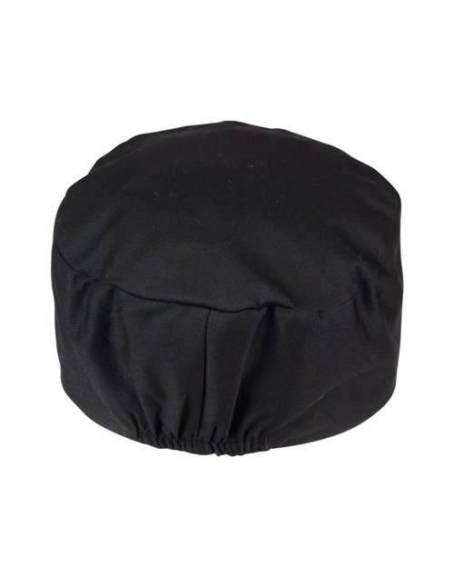 A black Chef's Cap featuring an elasticated band for a secure fit and a rounded top design.