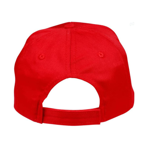 A red polycotton twill cap with an adjustable strap and a branded logo on the back.
