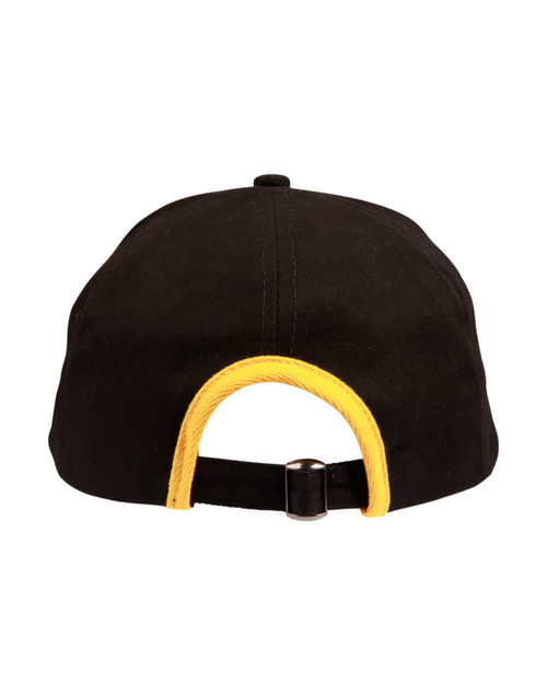 A black cap with a yellow trim at the back, featuring an adjustable strap and a logo.