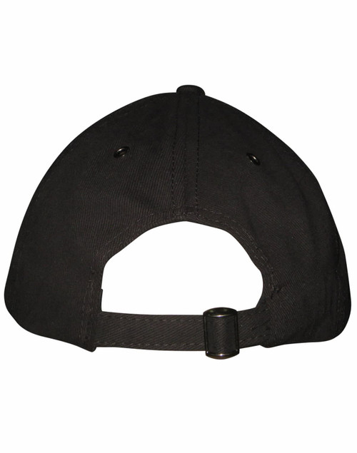 A black cap featuring a curved brim, made of sturdy fabric with ventilation holes and an adjustable strap at the back.