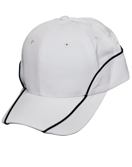 A white cap with contrast black lining and a pre-curved brim. It features ventilation holes and a logo.
