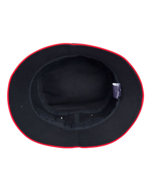 A black bucket hat with a red contrast brim and interior. The hat features a label inside.
