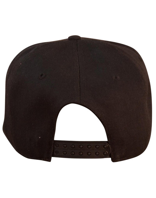 A black snapback cap featuring a textured fabric and an adjustable strap at the back.