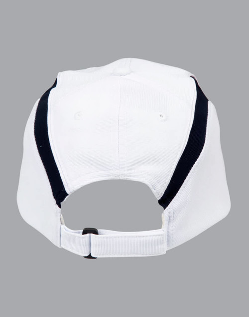 A white cap with navy accents at the back, featuring an adjustable strap and branding.