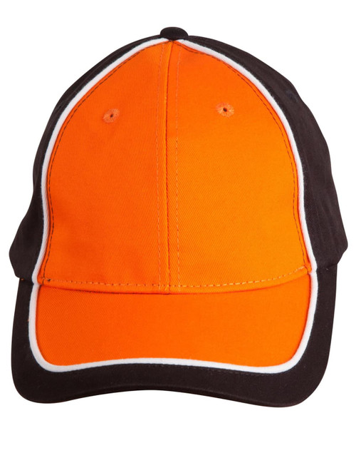 A two-tone cap featuring bright orange and black fabrics, including a contrasting white trim and logo.