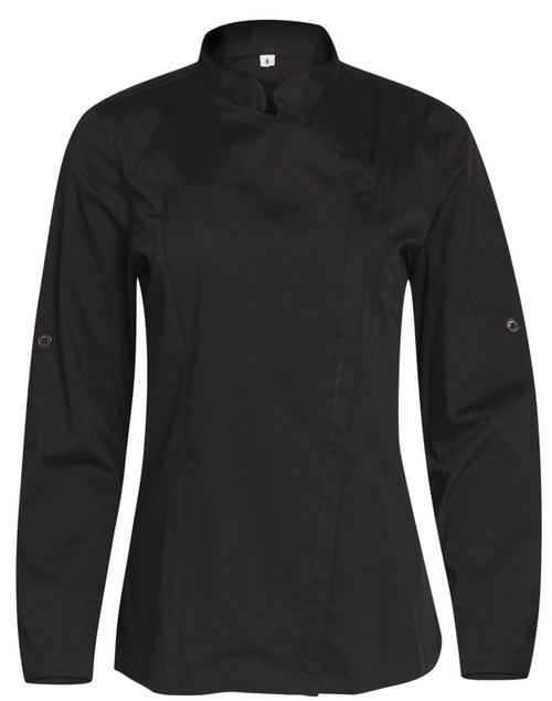A black chef jacket with a modern design and buttons on the sleeves, featuring a logo on the chest.