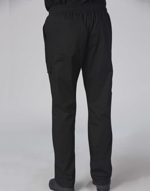 Men's functional chef pants in black, featuring a relaxed fit and side pockets, displayed from the back.