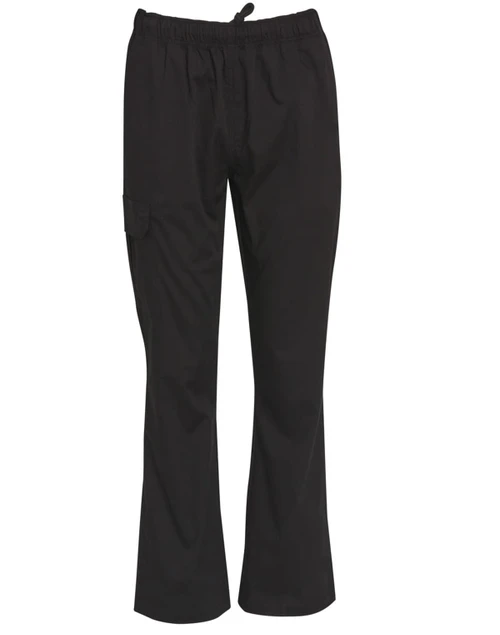 Black functional chef pants with an elastic waistband and a side pocket. Features a simple design and a logo.