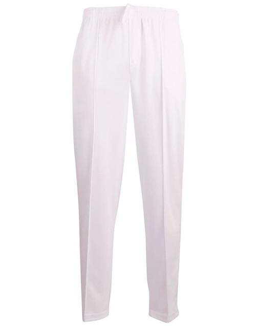 White kids' cricket pants featuring an elastic waistband and a minimalist design. Includes a logo on the waistband.
