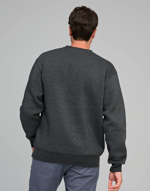 A grey crewneck fleece jumper with ribbed cuffs and hem, featuring a logo on the back.