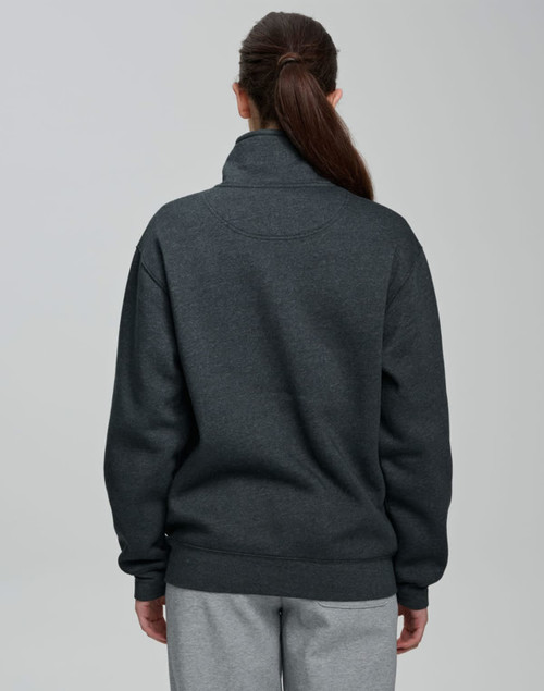 A dark grey 1/2 zip collar polar fleece jumper with a relaxed fit and a plain back. Features a branding logo.