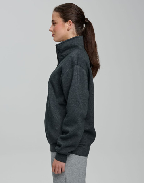 A grey 1/2 zip collar fleecy jumper displayed on a model from the side, featuring a smooth fabric and a logo.