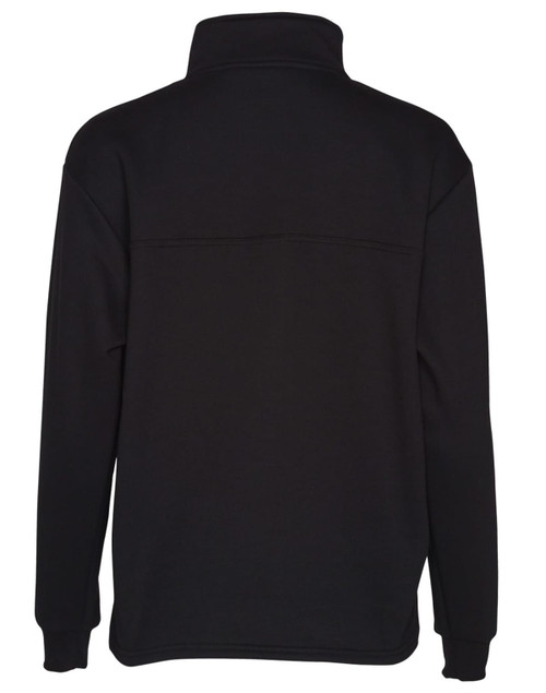 A black half-zip fleece jumper featuring a collar and a plain design, with a logo on the back.