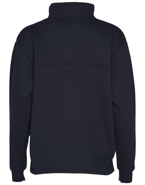 A navy blue Kid's 1/2 zip collar fleecy sweat with a back seam design and relaxed fit. Features a logo.