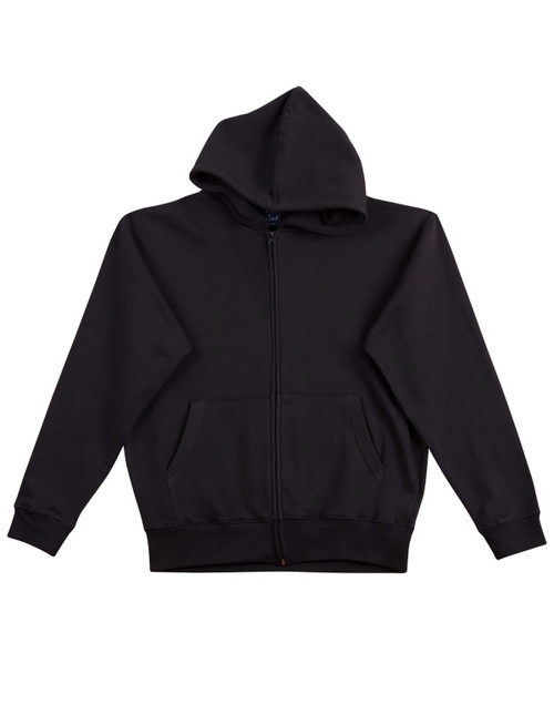 A black full-zip fleecy hoodie with a hood and front pockets. It features a logo on the fabric.