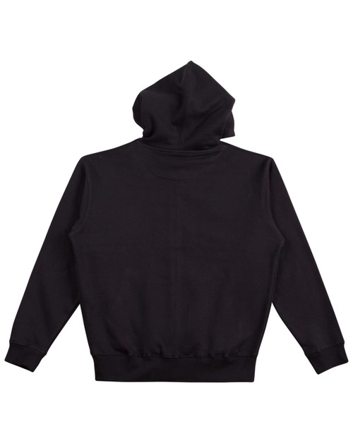 A black kid's full-zip fleecy hoodie with a hood, featuring a plain back design and ribbed cuffs.